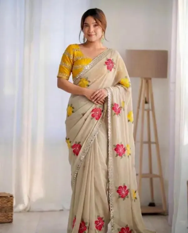 Elegant_Floral_Embroidered_Saree_With_Contrast_Blouse