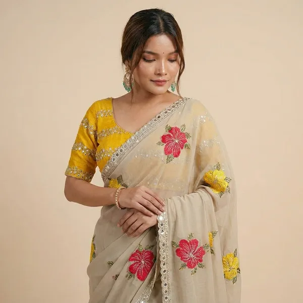 Elegant_Floral_Embroidered_Saree_With_Contrast_Blouse