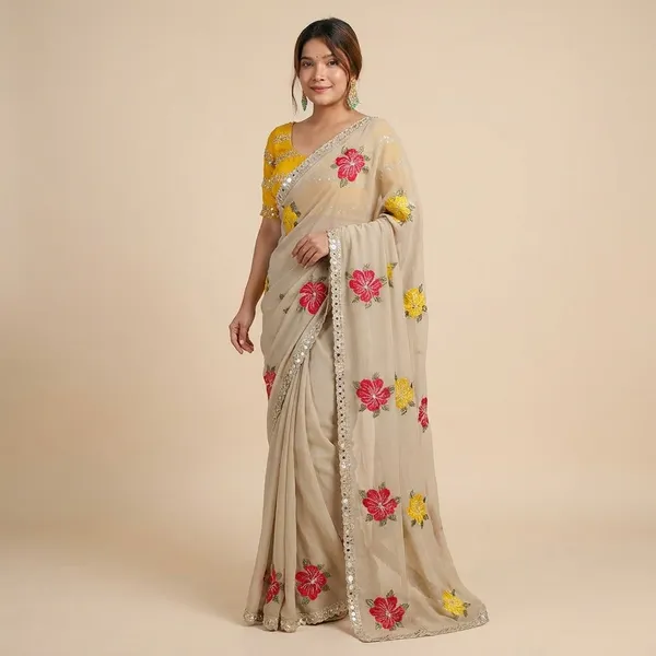 Elegant_Floral_Embroidered_Saree_With_Contrast_Blouse