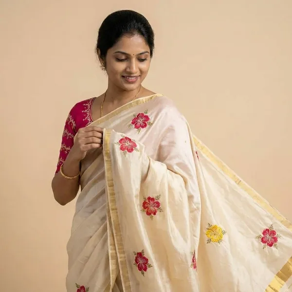 Elegant_Off-White_Saree_With_Pink_Floral_Embroidery_And_Contrast_Blouse