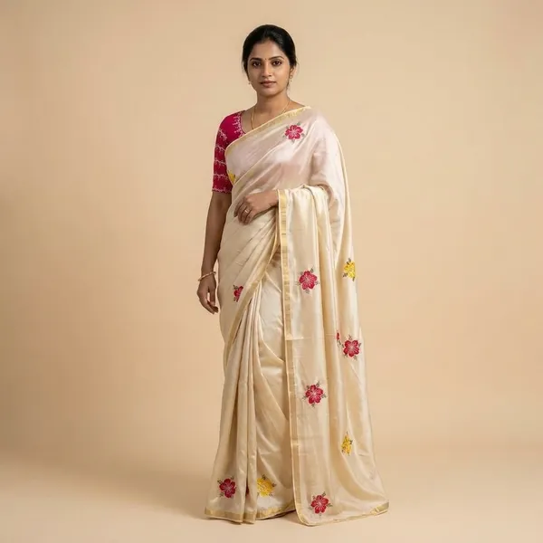 Elegant_Off-White_Saree_With_Pink_Floral_Embroidery_And_Contrast_Blouse