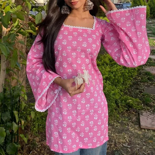 Pink_Floral_Print_Kurti_With_Bell_Sleeves