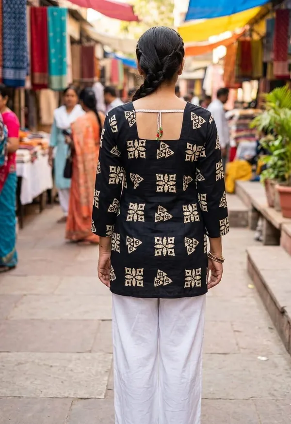 Black_Printed_Kurta_With_Bell_Sleeves_And_Pom-Pom_Detailing