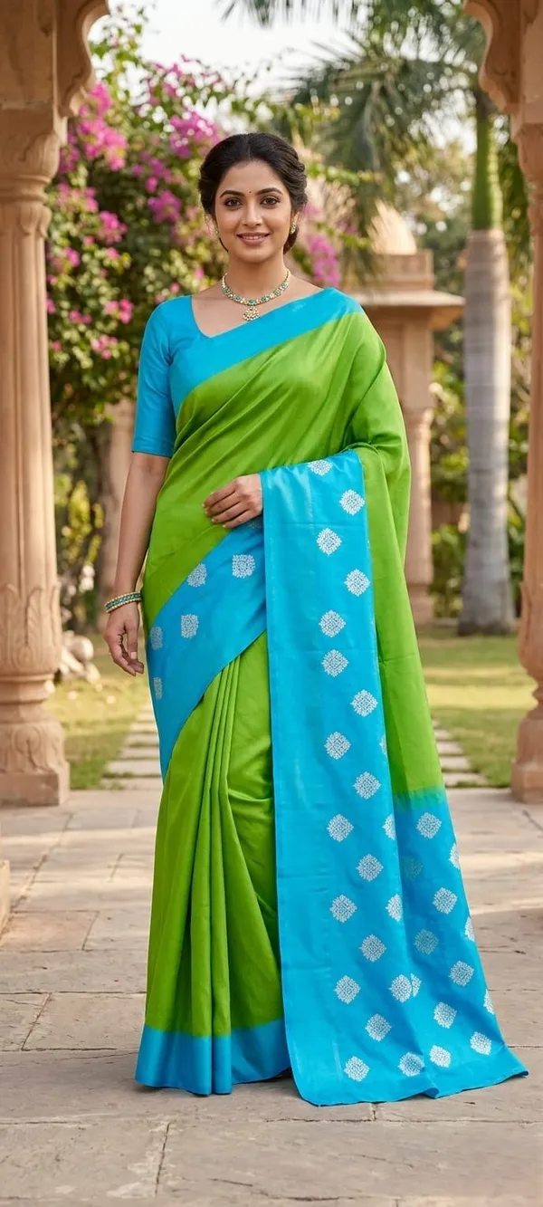 Parrot_Green_Silk_Saree_With_Sky_Blue_Border_And_Silver_Buti_Work