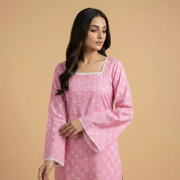 Pink_Floral_Print_Kurti_With_Bell_Sleeves