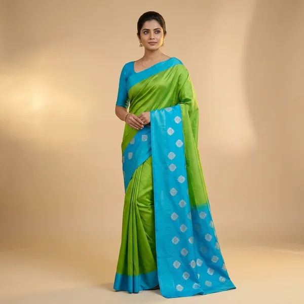 Parrot_Green_Silk_Saree_With_Sky_Blue_Border_And_Silver_Butti_Work