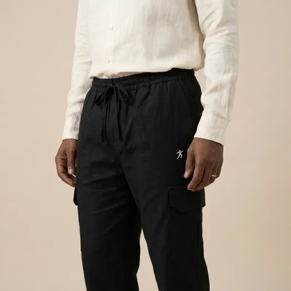 Men's_Black_Cargo_Pants_With_Drawstring_Waist