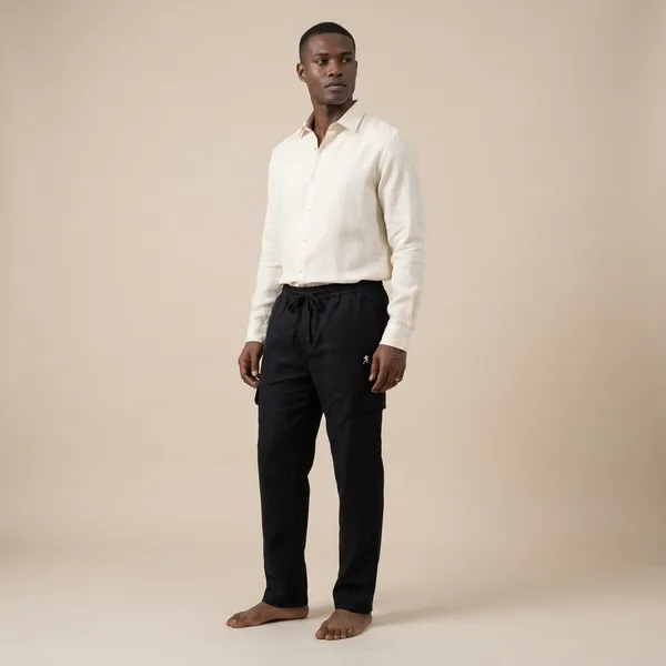 Men's_Black_Cargo_Pants_With_Drawstring_Waist