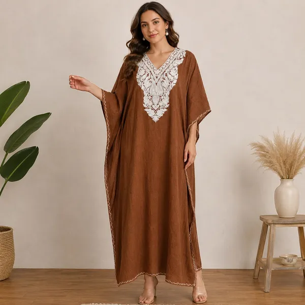 Rust_chocolate_brown_with_white_Embroidery_Premium_Handmade_Kashmiri_Kaftan