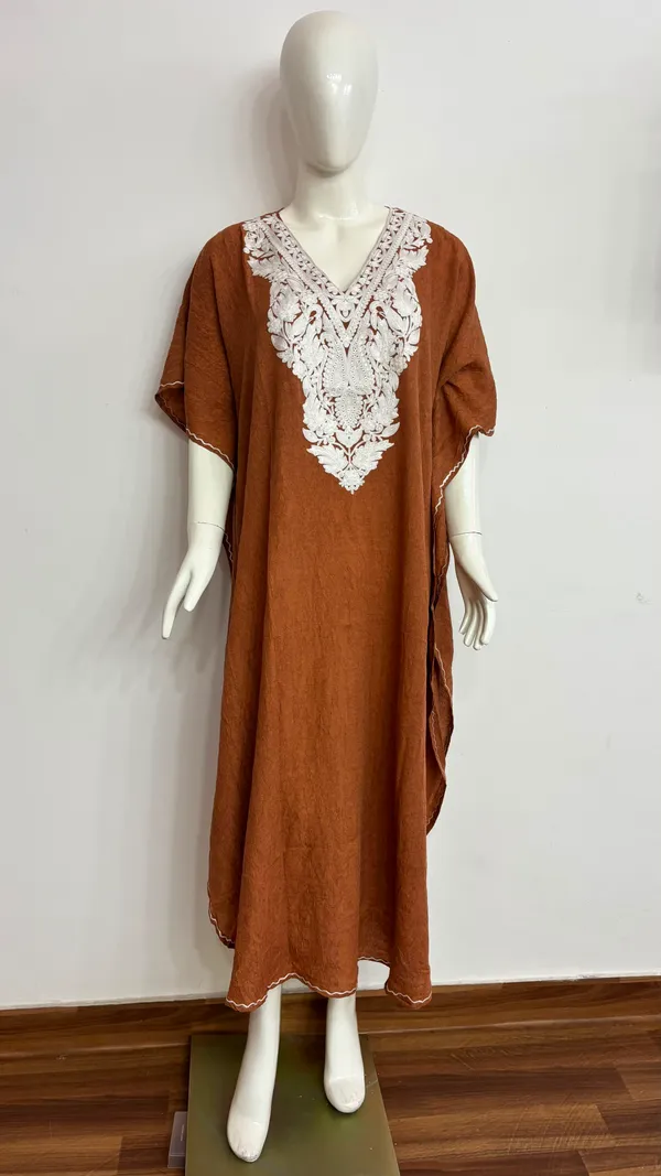 Rust_chocolate_brown_with_white_Embroidery_Premium_Handmade_Kashmiri_Kaftan