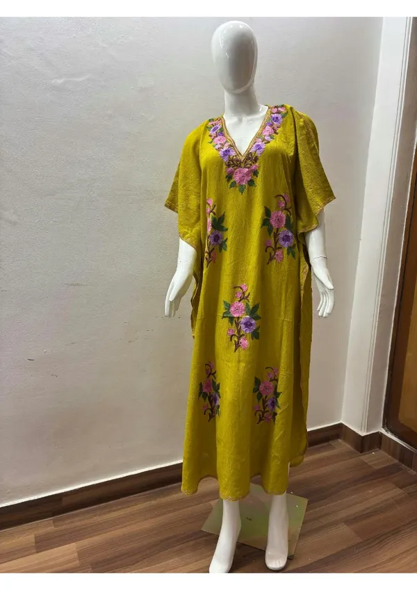 Chartreuse_Green_Premium_Handmade_Kashmiri_Kaftan_With_Floral_Embroidery