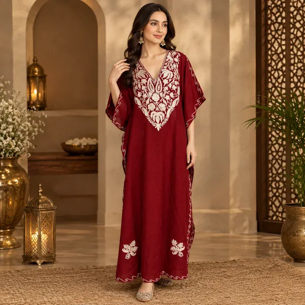 Noore_Maroon_with_white_Embroiderer_premium_kashmiri_kaftan_