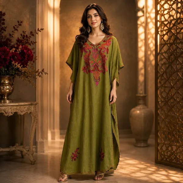 Royal_olive_Green_Floral_Embroidered_Premium_Handmade_kashmiri_Kaftan_