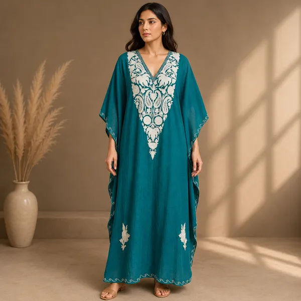 Teal_Royale_with_white_Embroidered_Premium_Handmade_Kashmiri_short_Kaftan
