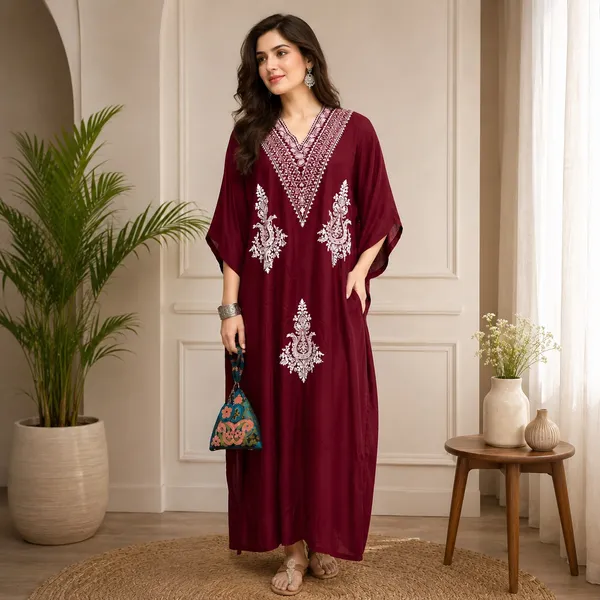 Wine_Premium_Handmade_Kaftan_With_White_Embroidery