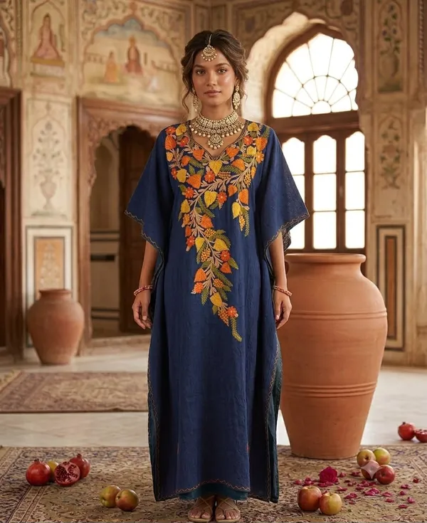navy_blue_Embroidered_Premium_Handmade_Kashmiri_Kaftan_Dress_With_Floral_Pattern