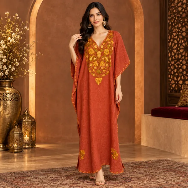 Rust_Royale_Floral_Embroidered_Premium_Handmade_Kashmiri_Kaftan_Dress_With_Floral_Pattern
