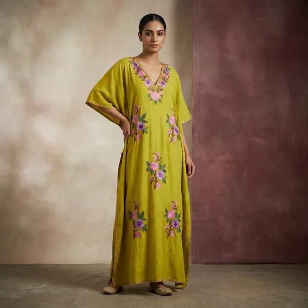 Chartreuse_Green_Premium_Handmade_Kashmiri_Kaftan_With_Floral_Embroidery