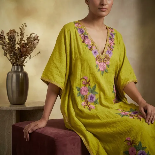 Chartreuse_Green_Premium_Handmade_Kashmiri_Kaftan_With_Floral_Embroidery