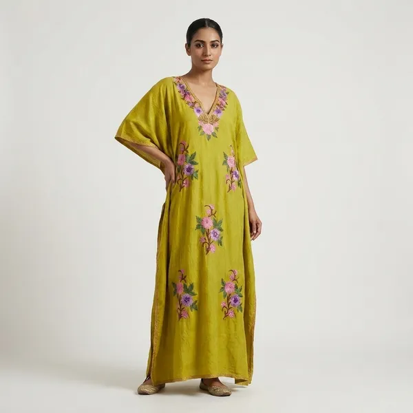 Chartreuse_Green_Premium_Handmade_Kashmiri_Kaftan_With_Floral_Embroidery