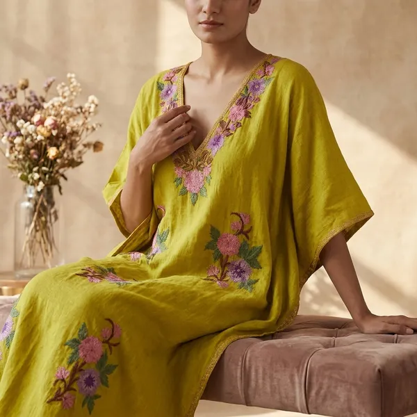 Chartreuse_Green_Premium_Handmade_Kashmiri_Kaftan_With_Floral_Embroidery