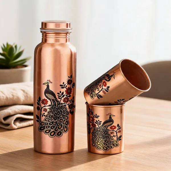 Copper_Traditional_Peacock_Print_Bottle_And_Tumbler_Set_Of_3