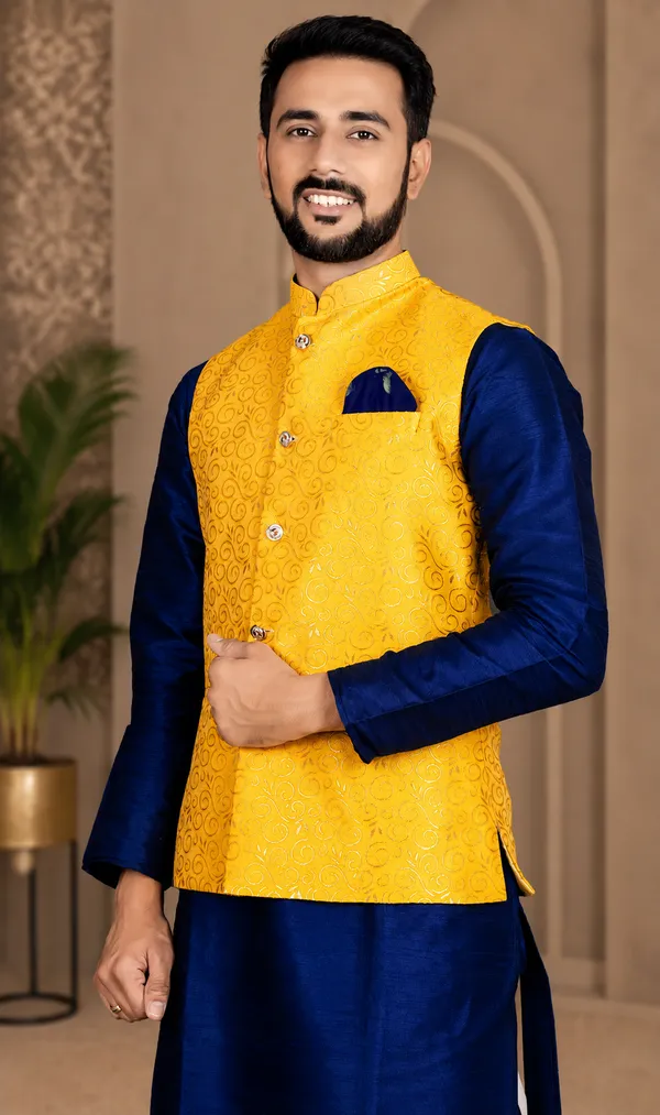 Yellow_Jacquard_Printed_Waistcoat_For_Men