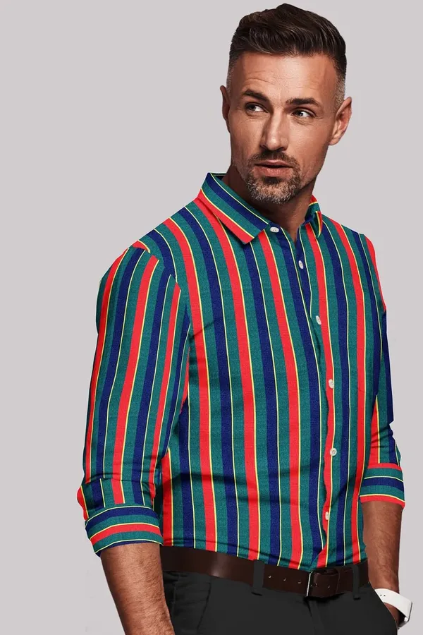 Red_And_Green_Cotton_Blend_Striped_Shirt_Formen