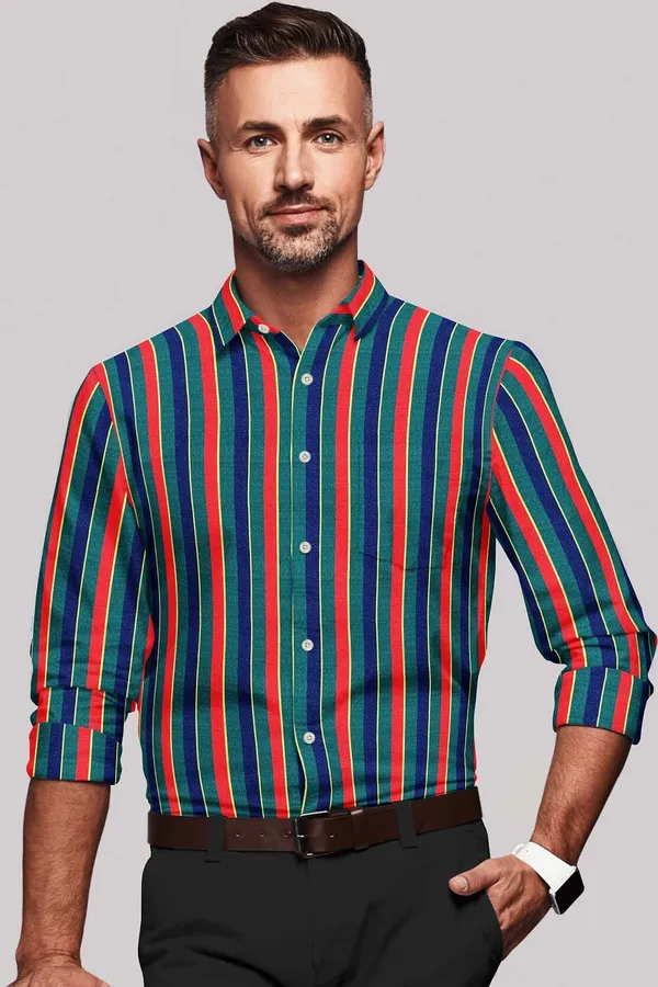 Red_And_Green_Cotton_Blend_Striped_Shirt_Formen