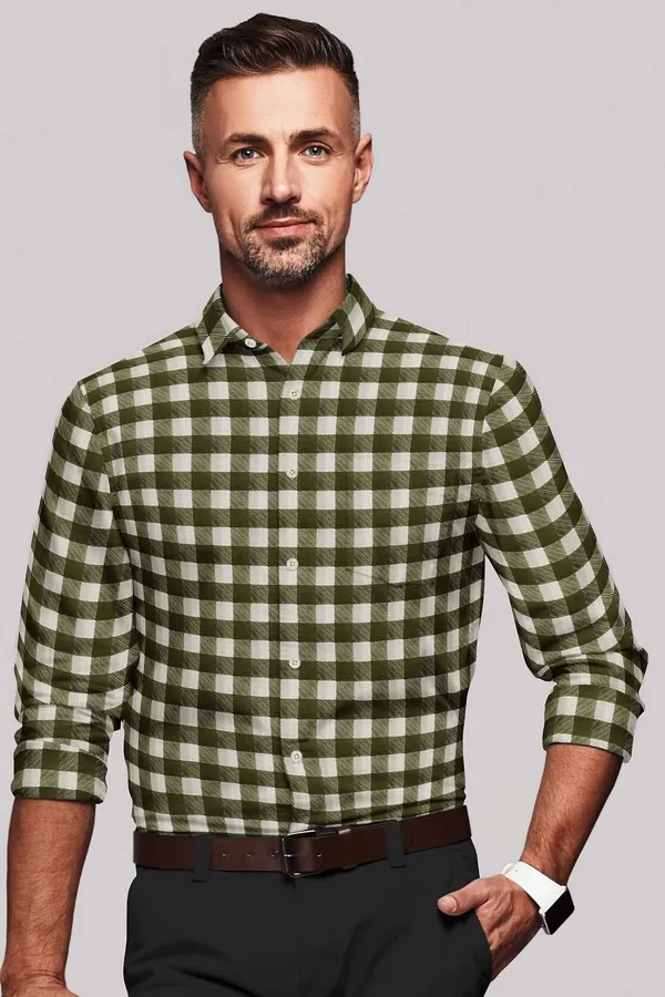 White_And_Green_Cotton_Blend_Checkered_Shirt_Formen