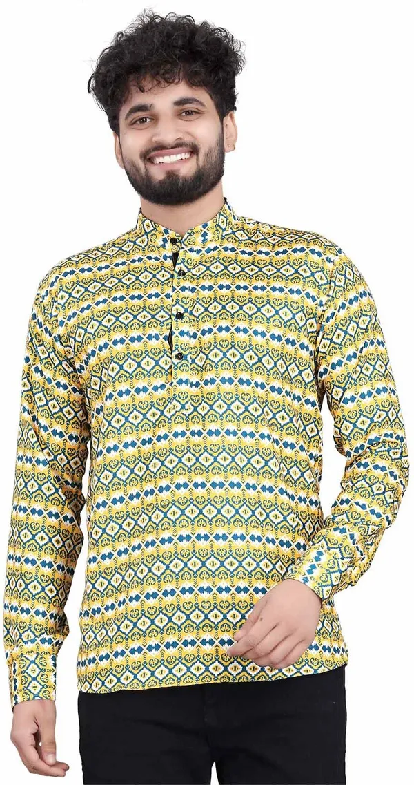 Green_Cotton_Blend_Printed_Short_Kurta_For_Men