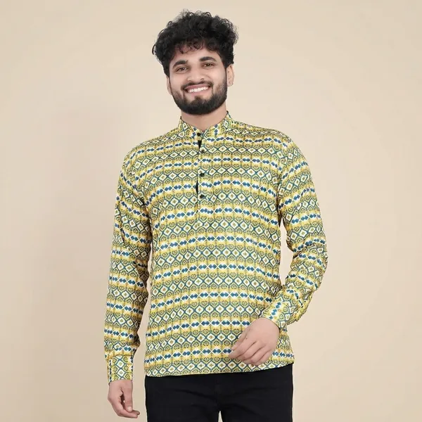 Green_Cotton_Blend_Printed_Short_Kurta_For_Men