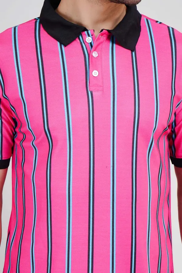 Valencia_Casual_Polo_tshirt_with_vertical_stripes_in_black_and_blue_in_pink_base