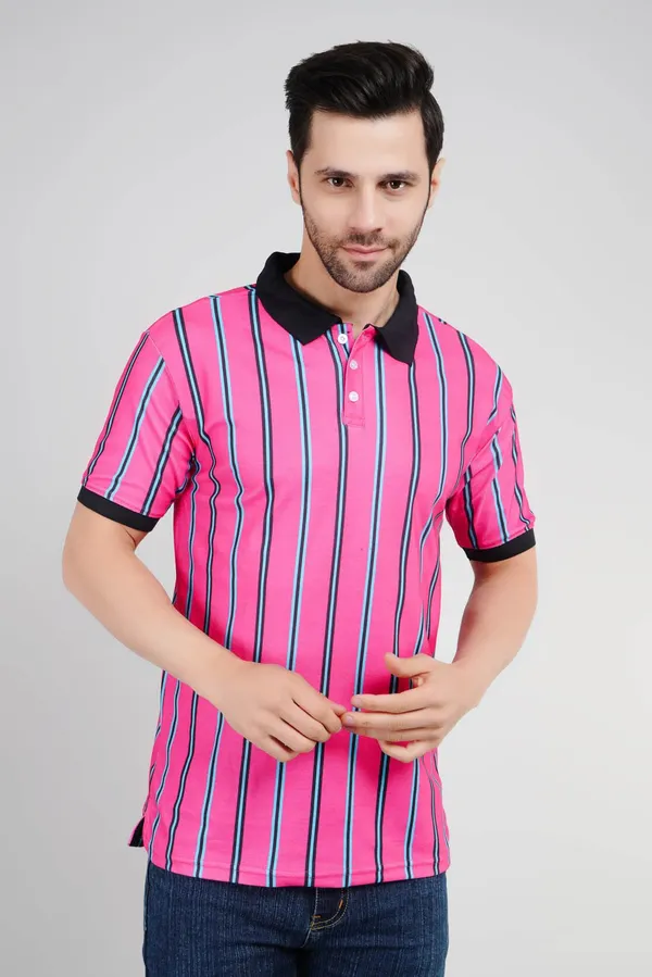 Valencia_Casual_Polo_tshirt_with_vertical_stripes_in_black_and_blue_in_pink_base