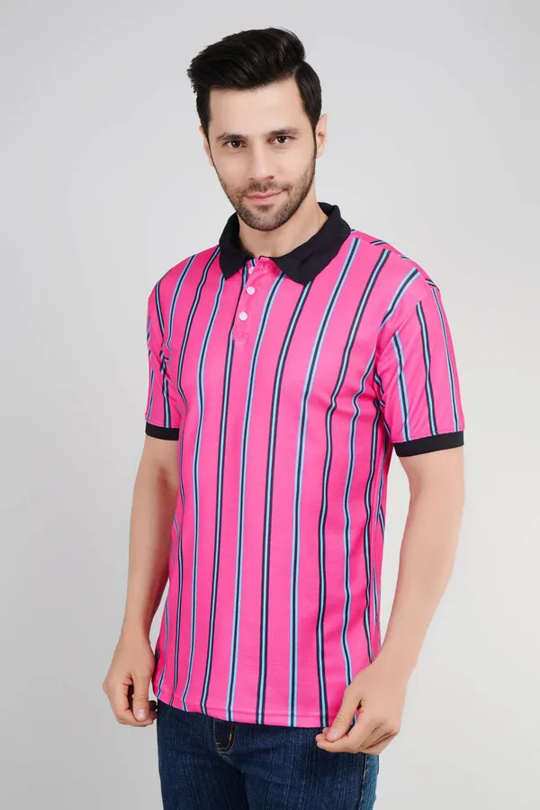 Valencia_Casual_Polo_tshirt_with_vertical_stripes_in_black_and_blue_in_pink_base