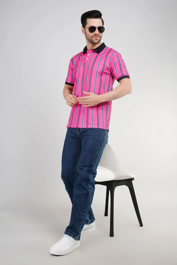 Valencia_Casual_Polo_tshirt_with_vertical_stripes_in_black_and_blue_in_pink_base