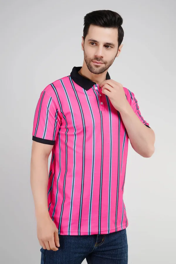 Valencia_Casual_Polo_tshirt_with_vertical_stripes_in_black_and_blue_in_pink_base