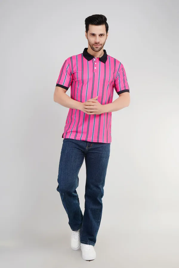 Valencia_Casual_Polo_tshirt_with_vertical_stripes_in_black_and_blue_in_pink_base