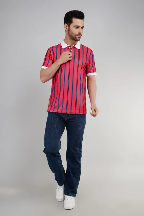 Valencia_Casual_Polo_tshirt_with_vertical_stripes_in_black_and_blue_in_red_base