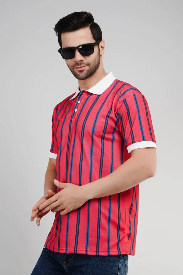 Valencia_Casual_Polo_tshirt_with_vertical_stripes_in_black_and_blue_in_red_base