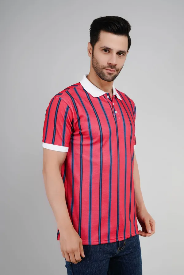 Valencia_Casual_Polo_tshirt_with_vertical_stripes_in_black_and_blue_in_red_base