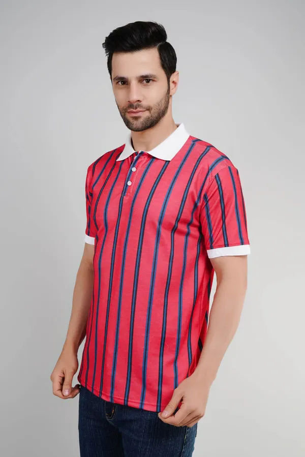 Valencia_Casual_Polo_tshirt_with_vertical_stripes_in_black_and_blue_in_red_base