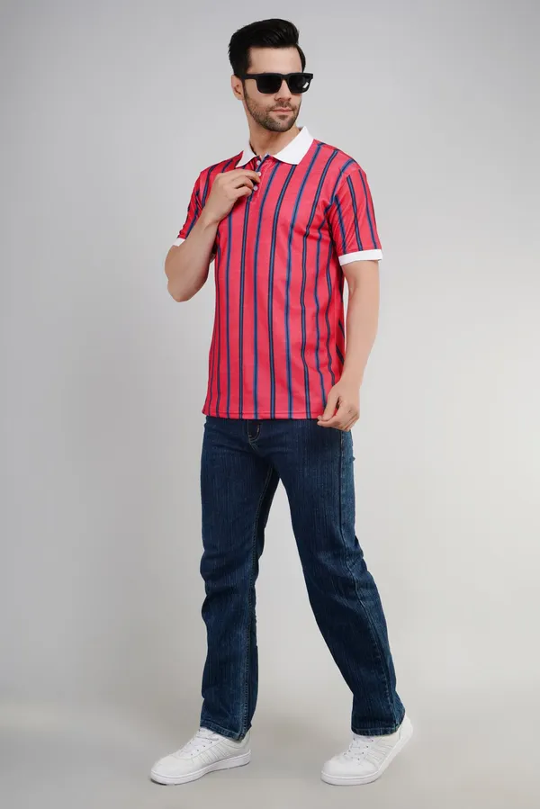 Valencia_Casual_Polo_tshirt_with_vertical_stripes_in_black_and_blue_in_red_base