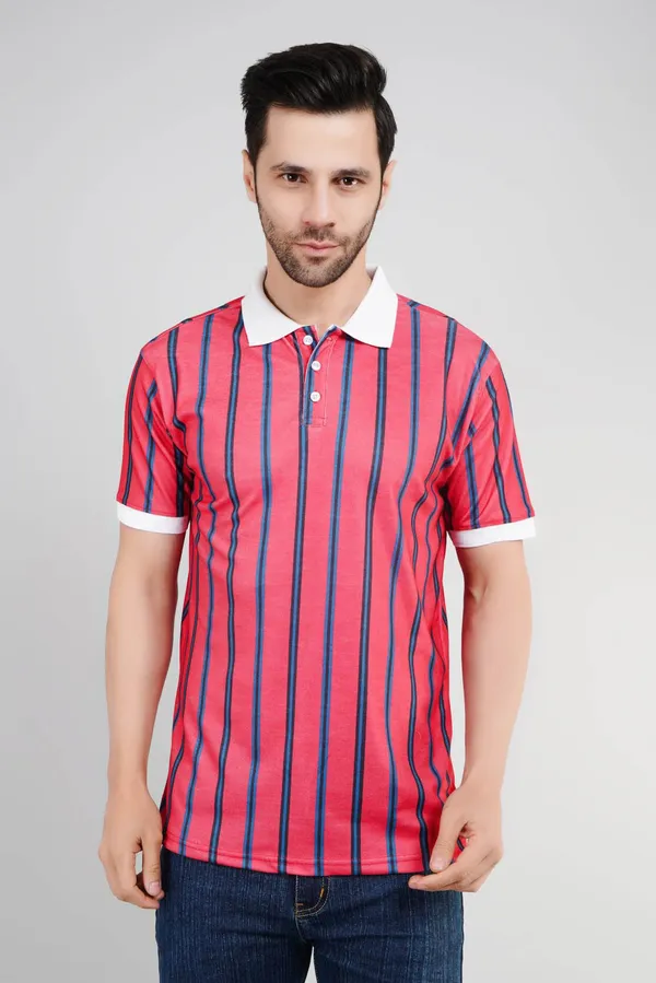 Valencia_Casual_Polo_tshirt_with_vertical_stripes_in_black_and_blue_in_red_base