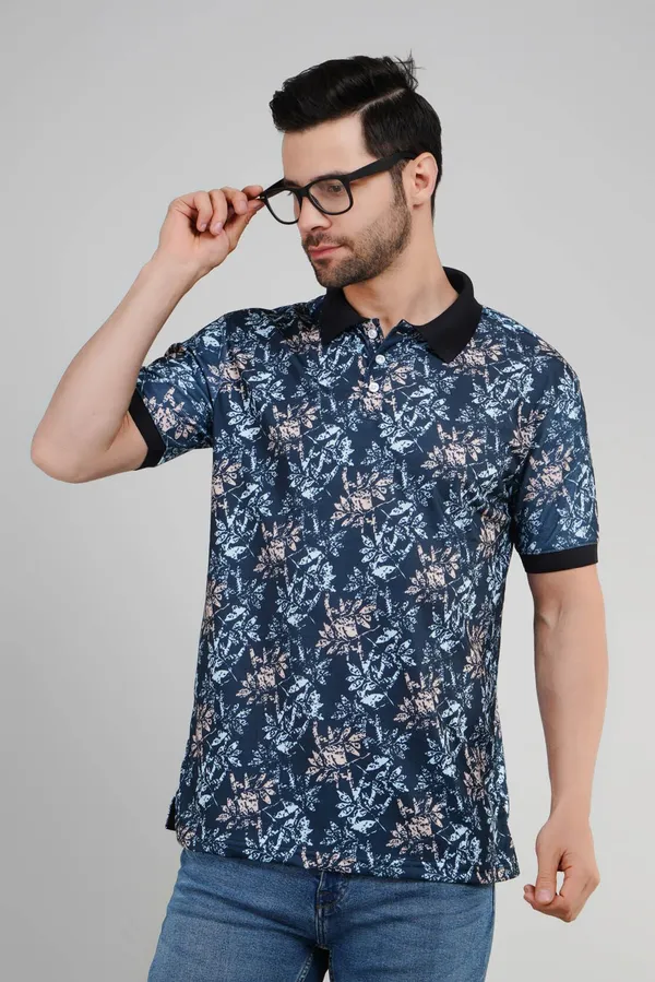 Valencia_Casual_Polo_tshirt_with_navy_blue_base_with_an_abstract_foliage_pattern