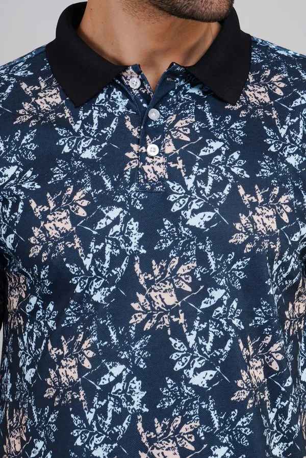 Valencia_Casual_Polo_tshirt_with_navy_blue_base_with_an_abstract_foliage_pattern