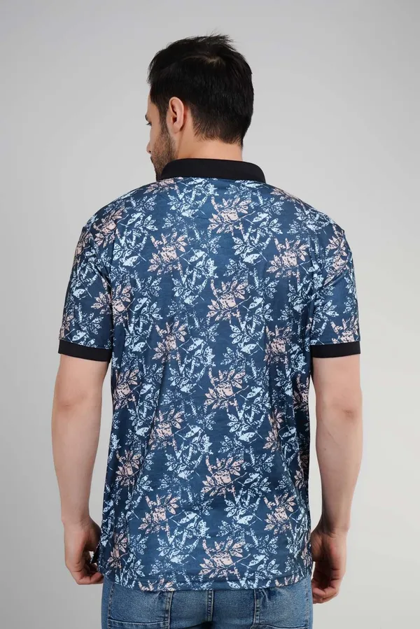 Valencia_Casual_Polo_tshirt_with_navy_blue_base_with_an_abstract_foliage_pattern