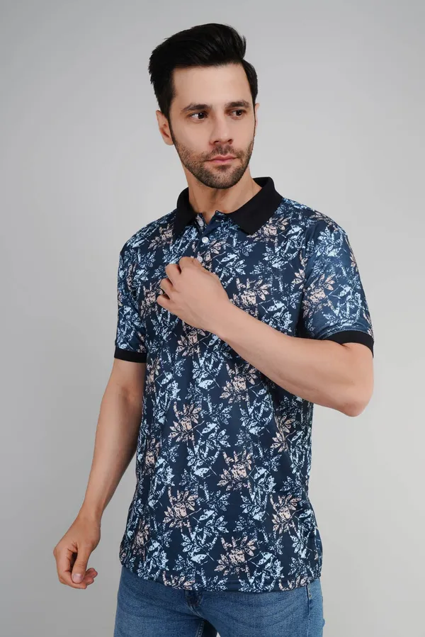 Valencia_Casual_Polo_tshirt_with_navy_blue_base_with_an_abstract_foliage_pattern
