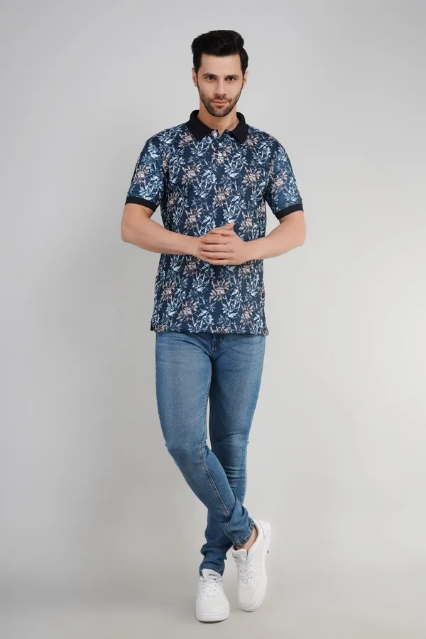 Valencia_Casual_Polo_tshirt_with_navy_blue_base_with_an_abstract_foliage_pattern