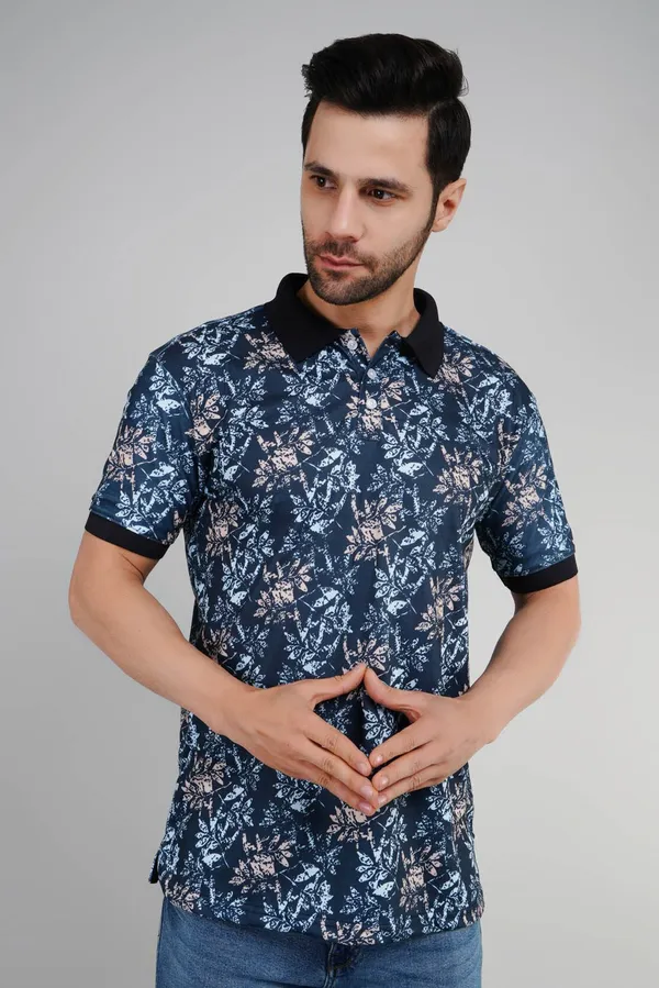 Valencia_Casual_Polo_tshirt_with_navy_blue_base_with_an_abstract_foliage_pattern